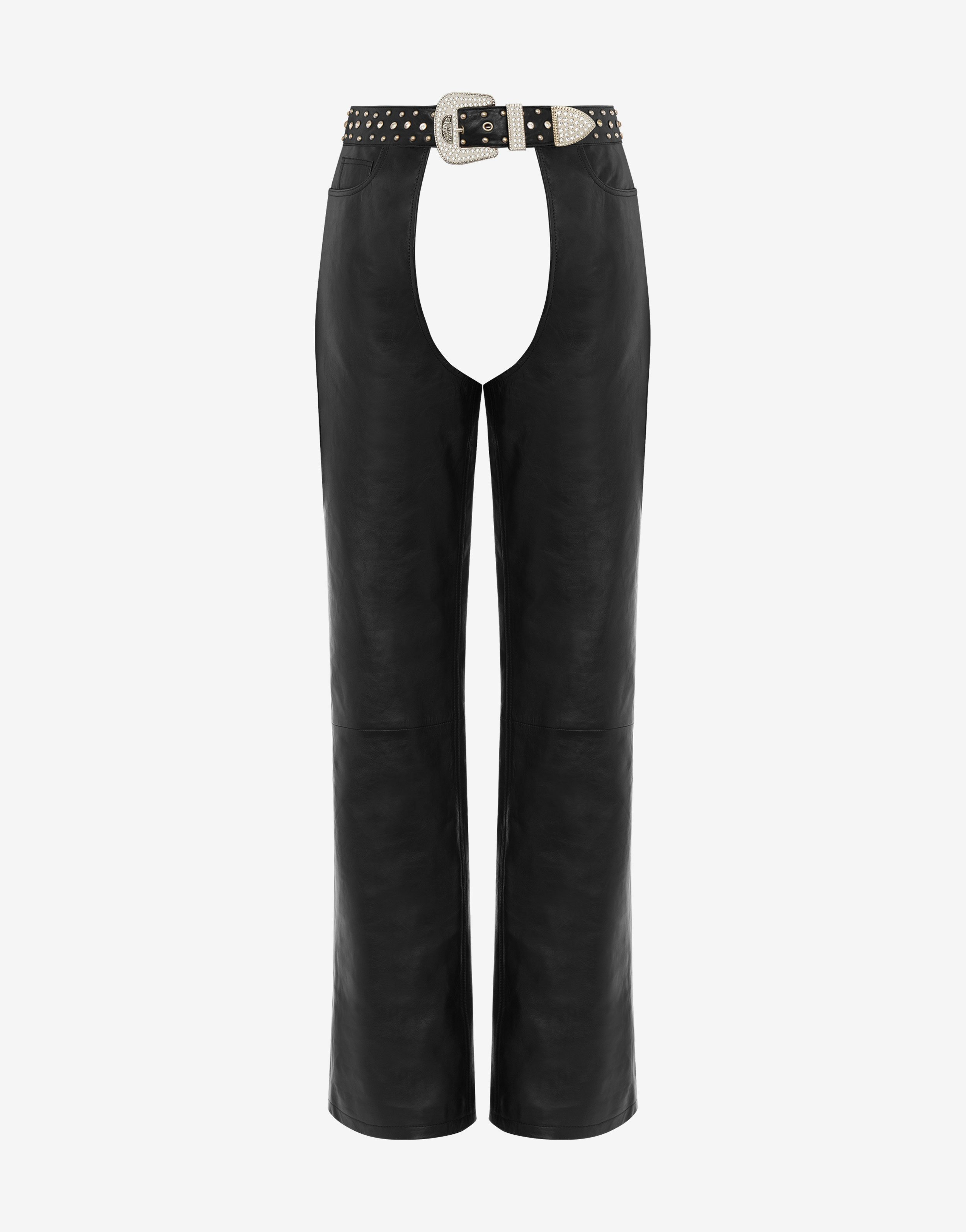 Jeweled Buckle nappa leather chaps trousers