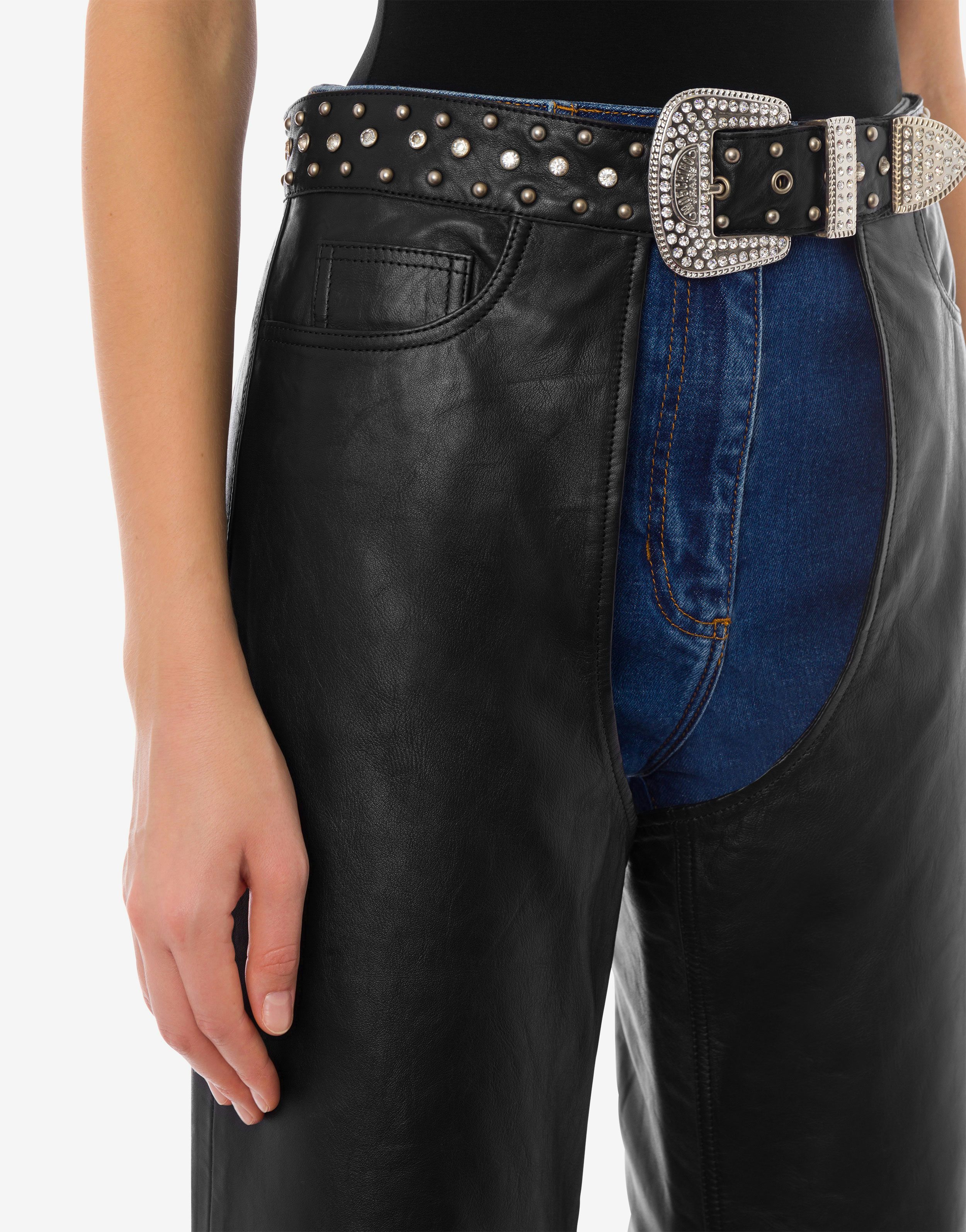 Jeweled Buckle nappa leather chaps trousers 2
