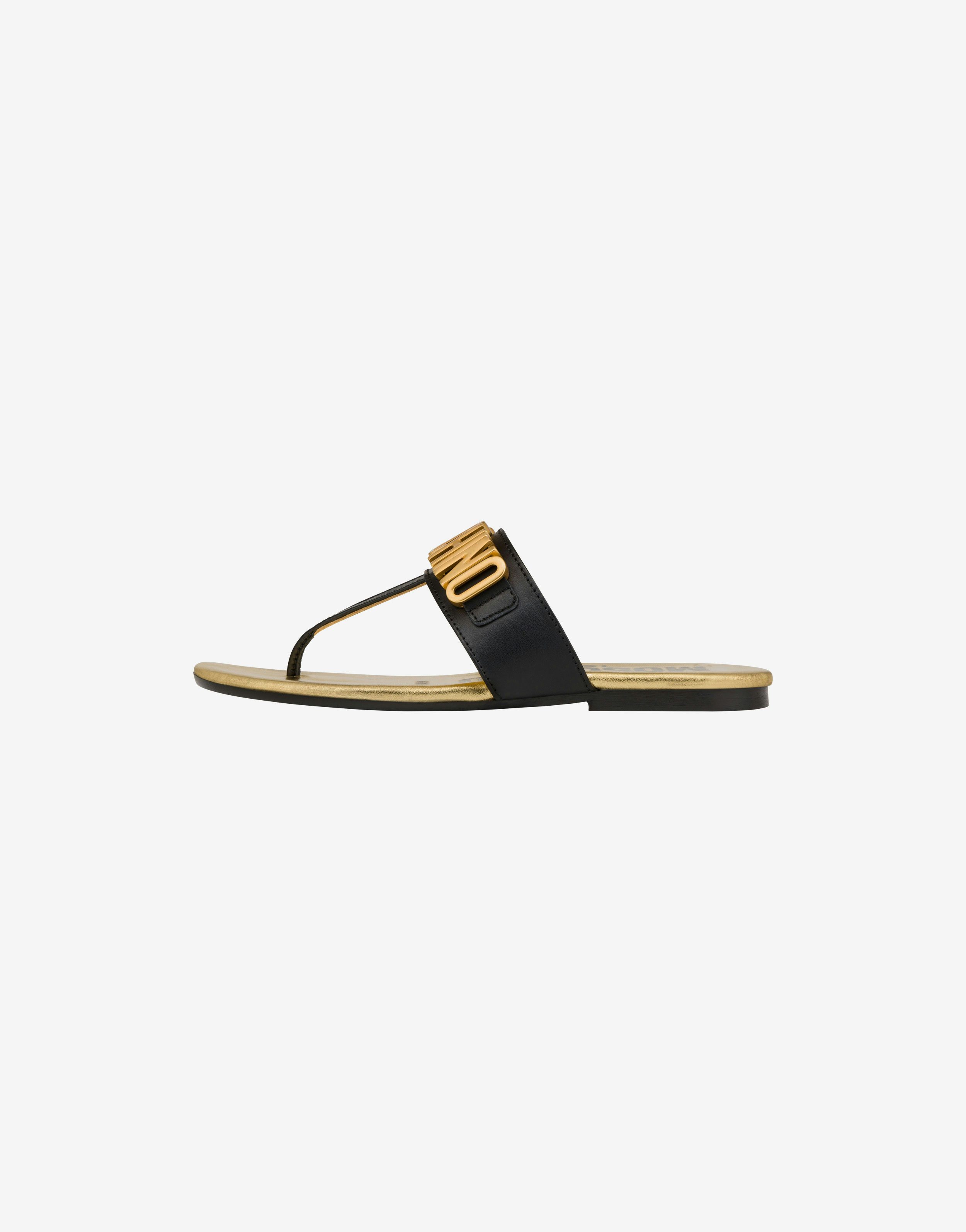 Gold Lettering Logo calfskin thong sandals 0