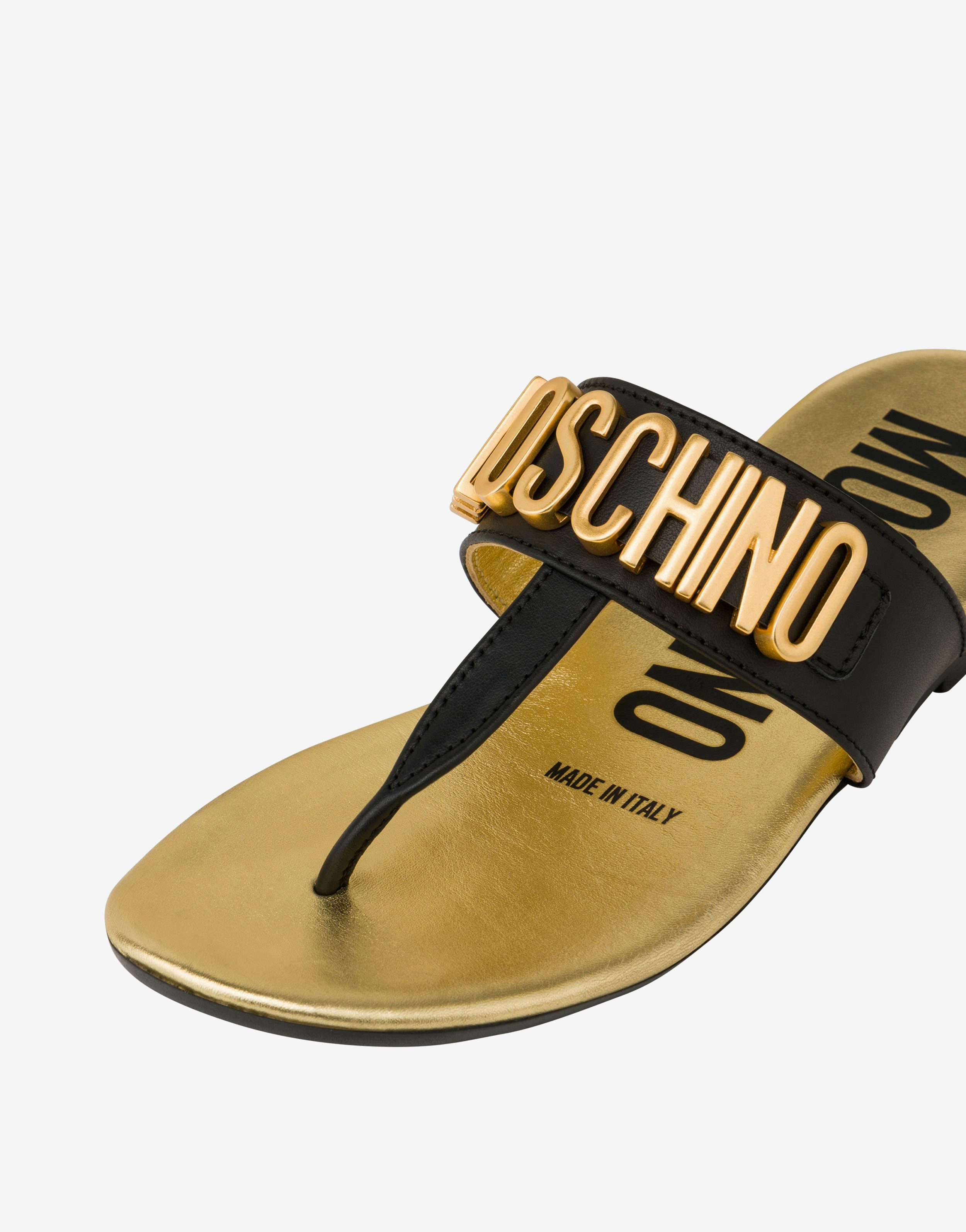 Gold Lettering Logo calfskin thong sandals 2
