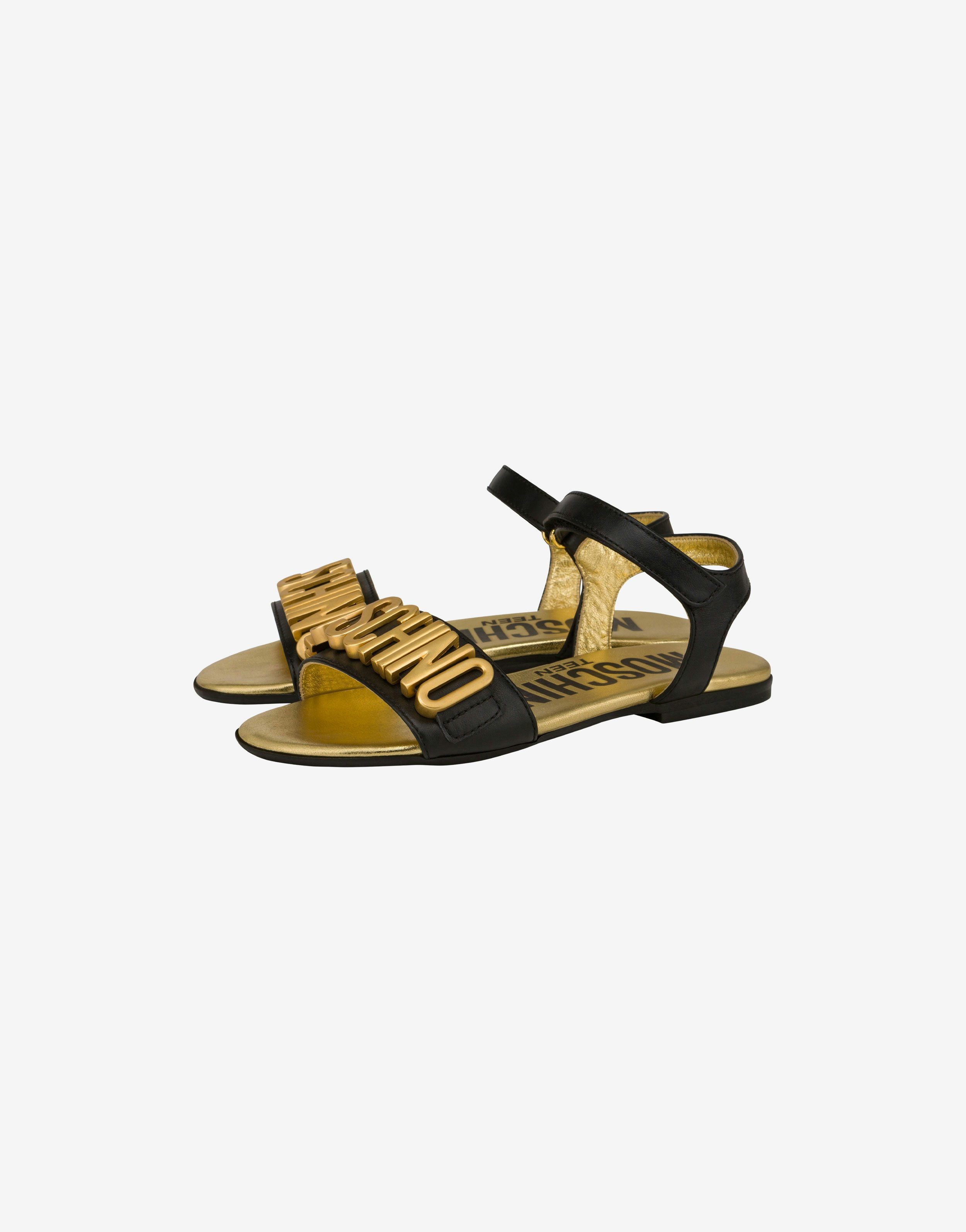 Sandales plates en cuir de veau Logo Lettering Gold