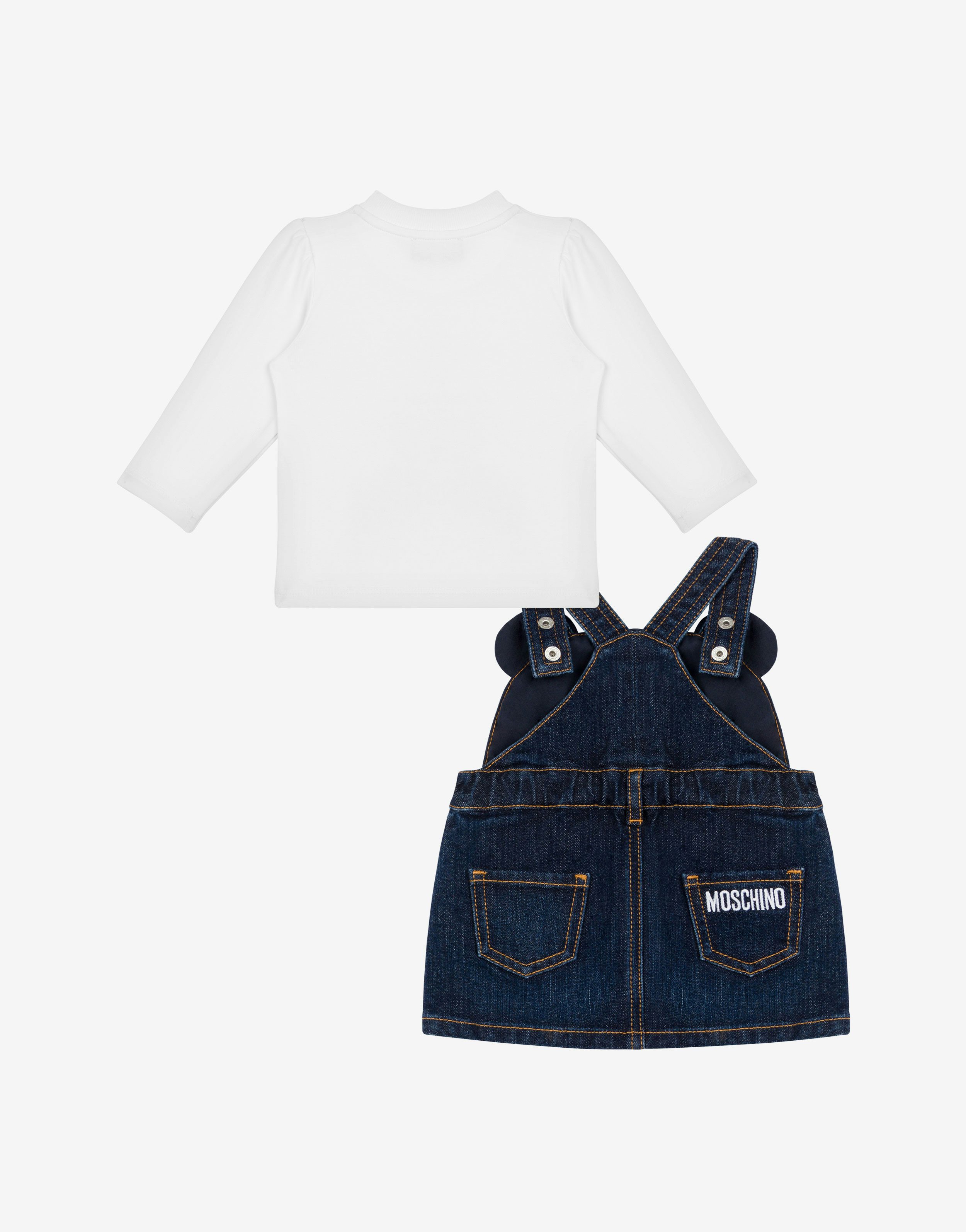 Moschino Teddy Bear T-shirt and dungaree skirt co-ord set 0