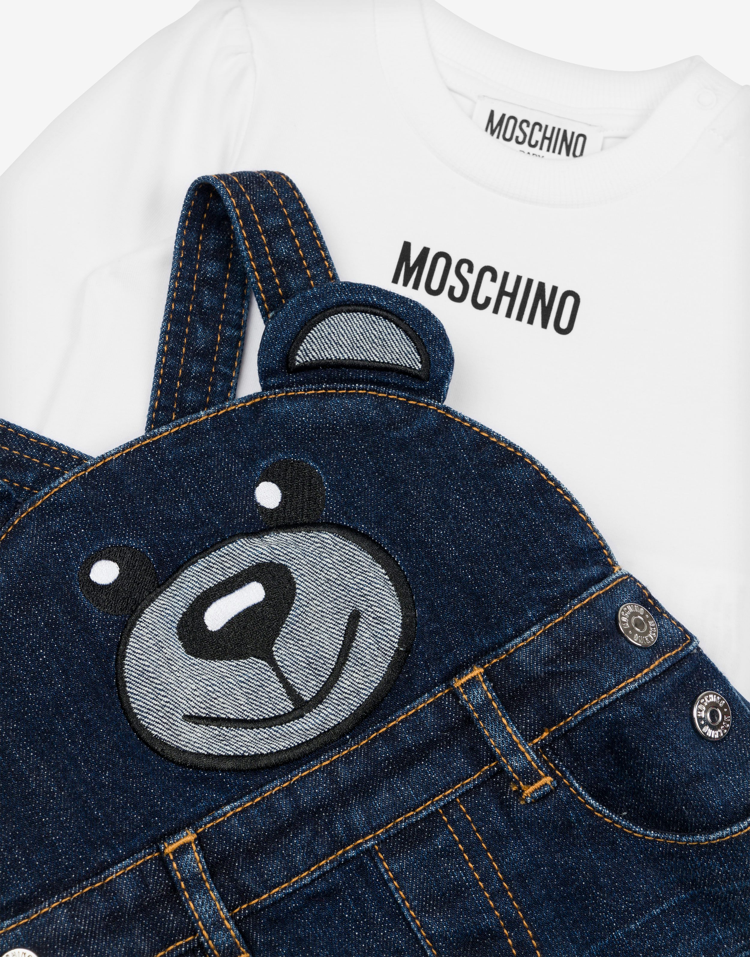 Moschino Teddy Bear T-shirt and dungaree skirt co-ord set 1